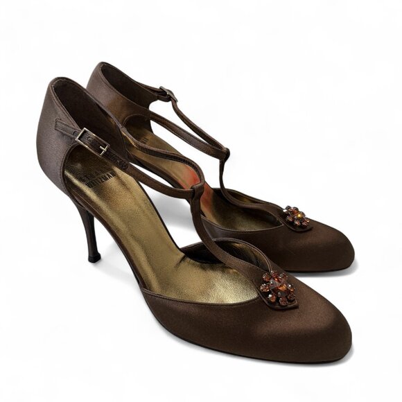 Stuart Weitzman Brown Satin Swarovski Crystal Embellished T-Strap Heels size 9.5 - Picture 1 of 10